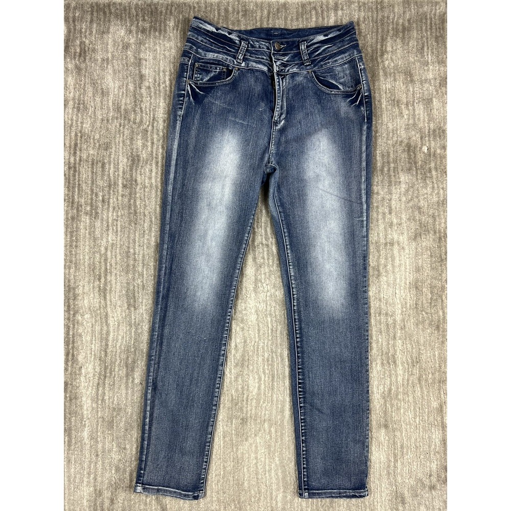 Iris Jeans Skinny Women 13 Blue High Rise Multi Button Tiered Waist Faded Casual